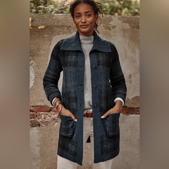 Ribbed-collar Plaid Sweater-jacket